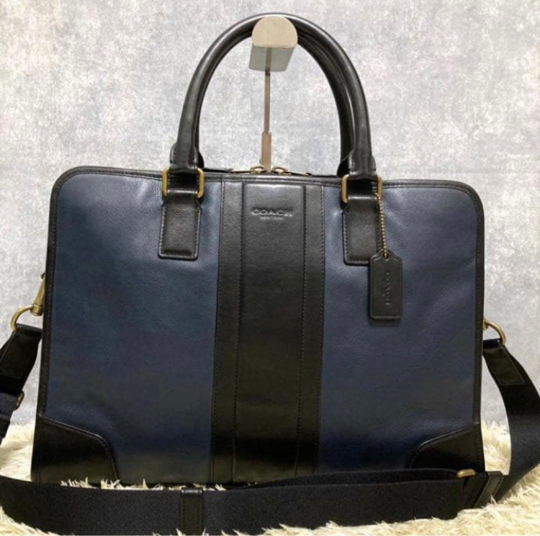 【極美品】COACH コーチ ビジネスバッグ レザー 本革 ショルダー ネイビー