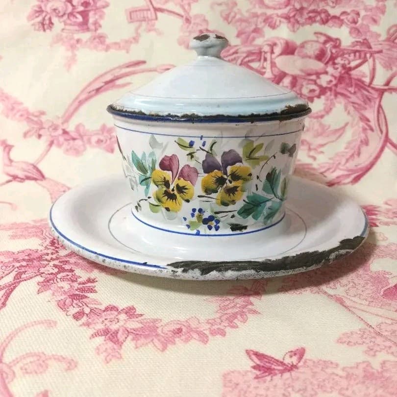 レア＊フランスアンティーク＊japy＊パンジー柄バターディッシュ＊ホーロー