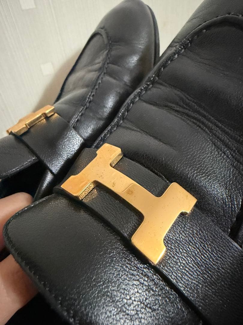 HERMES エルメス モカシンパリ ローズゴールド 金具 黒　39