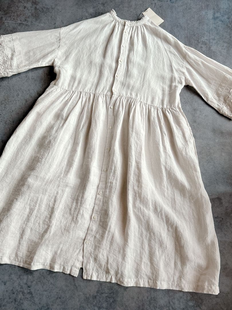 nest Robe ⿻ リネン 近江晒レース切り替え袖ワンピース 白 ナチュラル