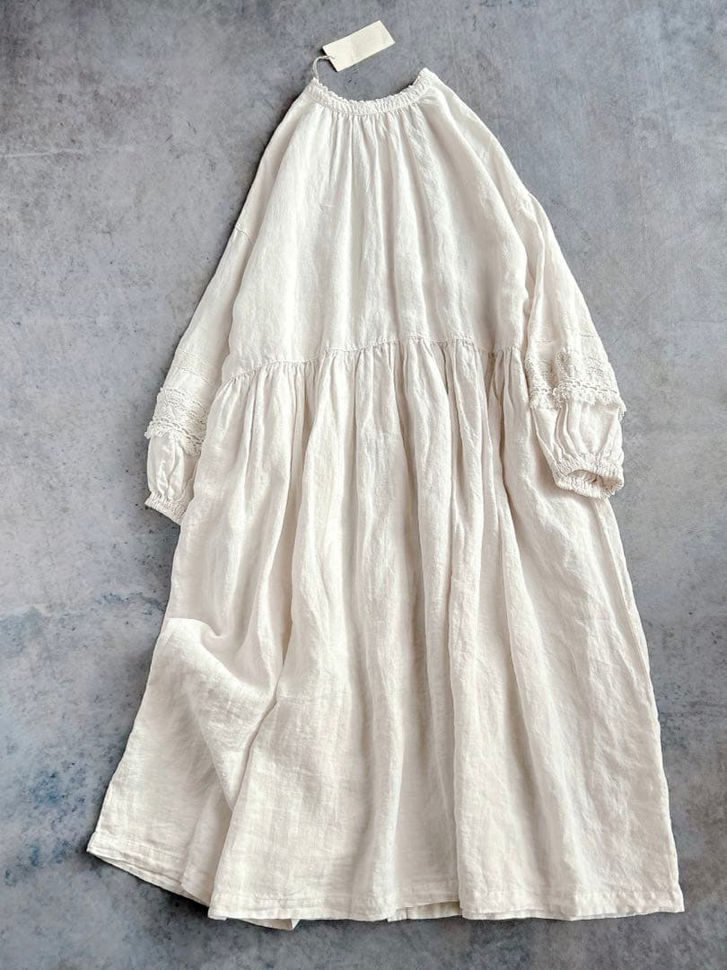 nest Robe ⿻ リネン 近江晒レース切り替え袖ワンピース 白 ナチュラル