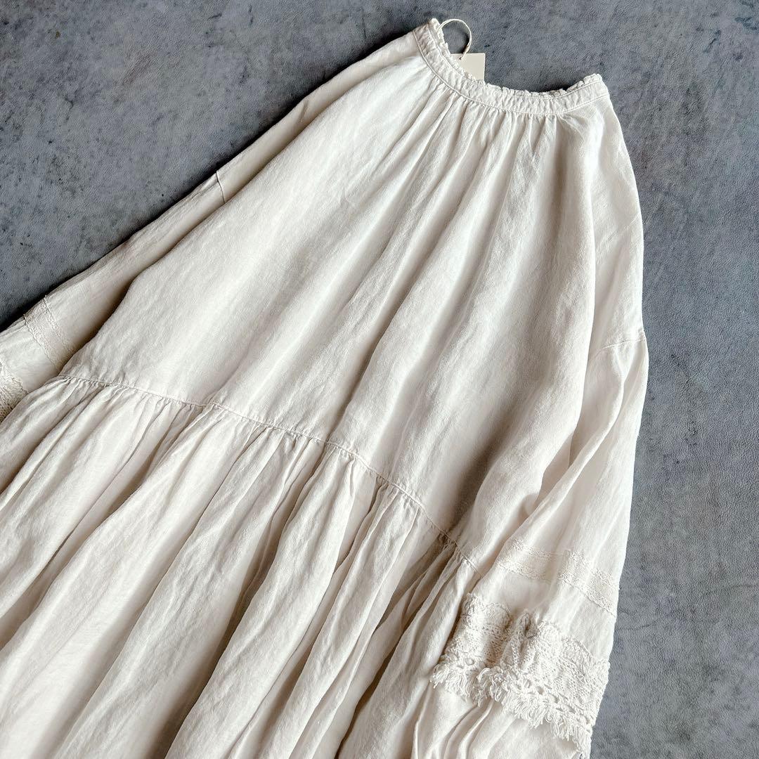 nest Robe ⿻ リネン 近江晒レース切り替え袖ワンピース 白 ナチュラル