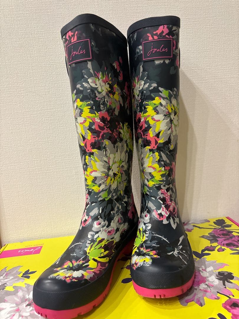 【美品】Joules フラワープリント 長靴 紺・ピンク
