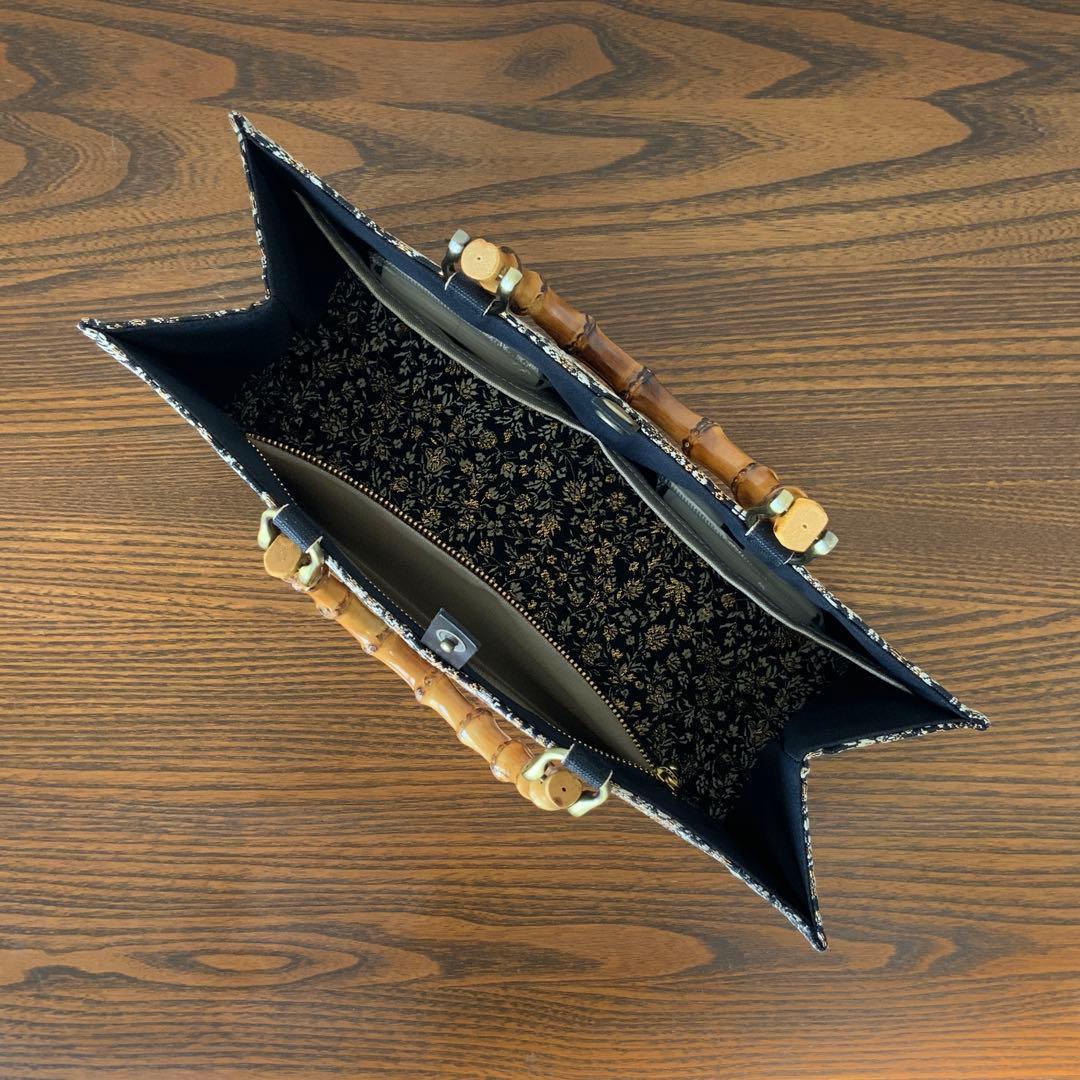 きらめく菱花文の帯　リメイク　バンブーハンドルバッグ　浅型マチ広め