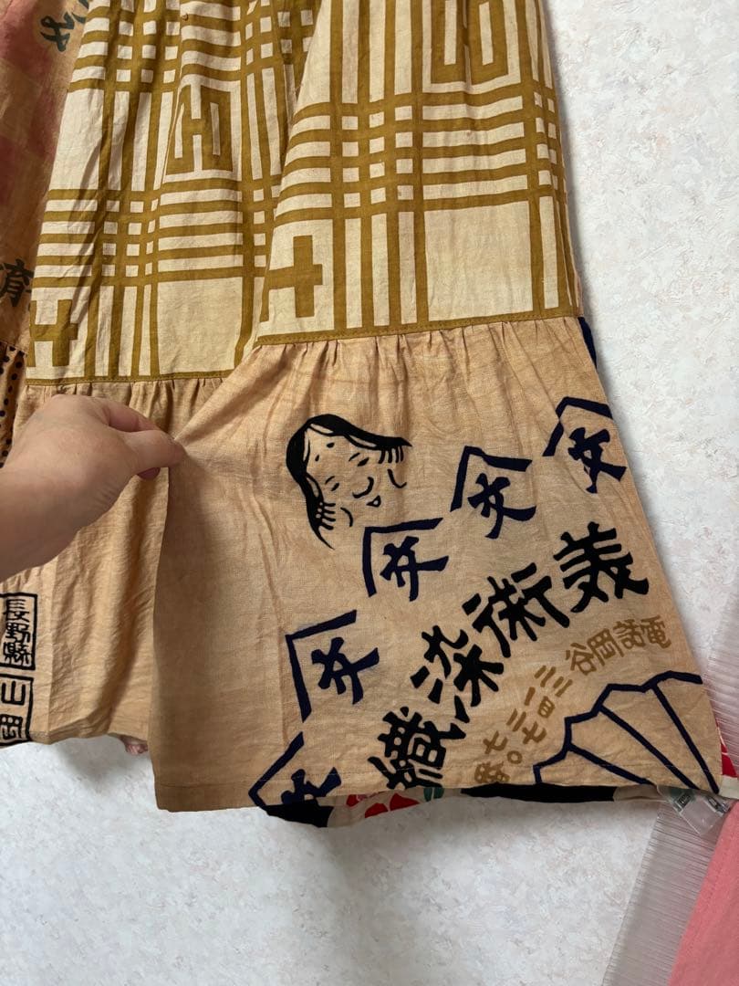柿渋染め手ぬぐいの3段ティアードパンツ　浴衣リメイク　ゾウ　おかめ　祭り半纏