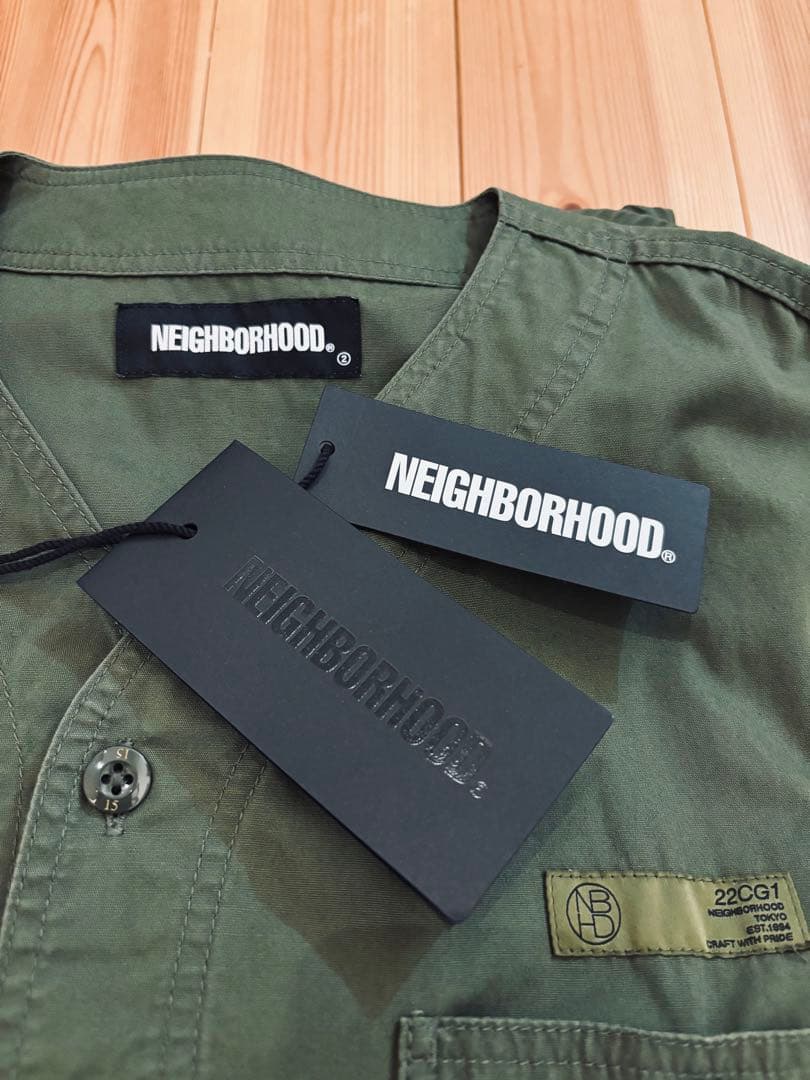 【美品】NEIGHBORHOOD collarless shirt カーキ