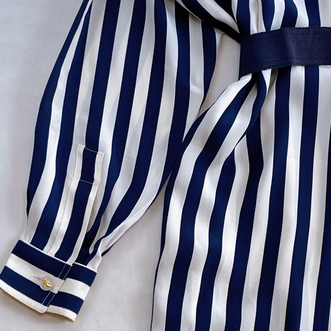 美品 フェラガモ シルク100 シャツワンピース ロゴボタン グログランリボン