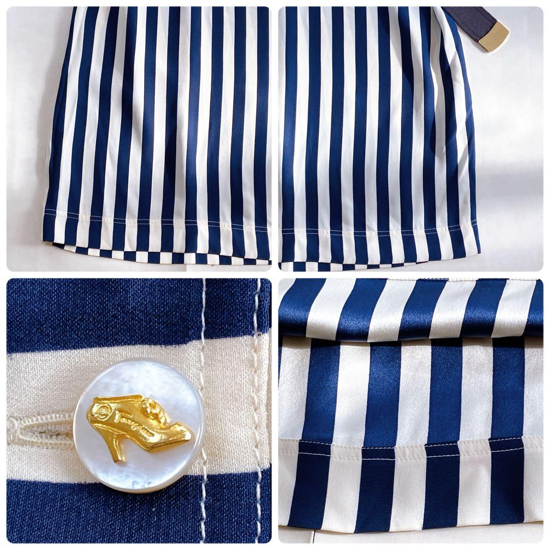 美品 フェラガモ シルク100 シャツワンピース ロゴボタン グログランリボン