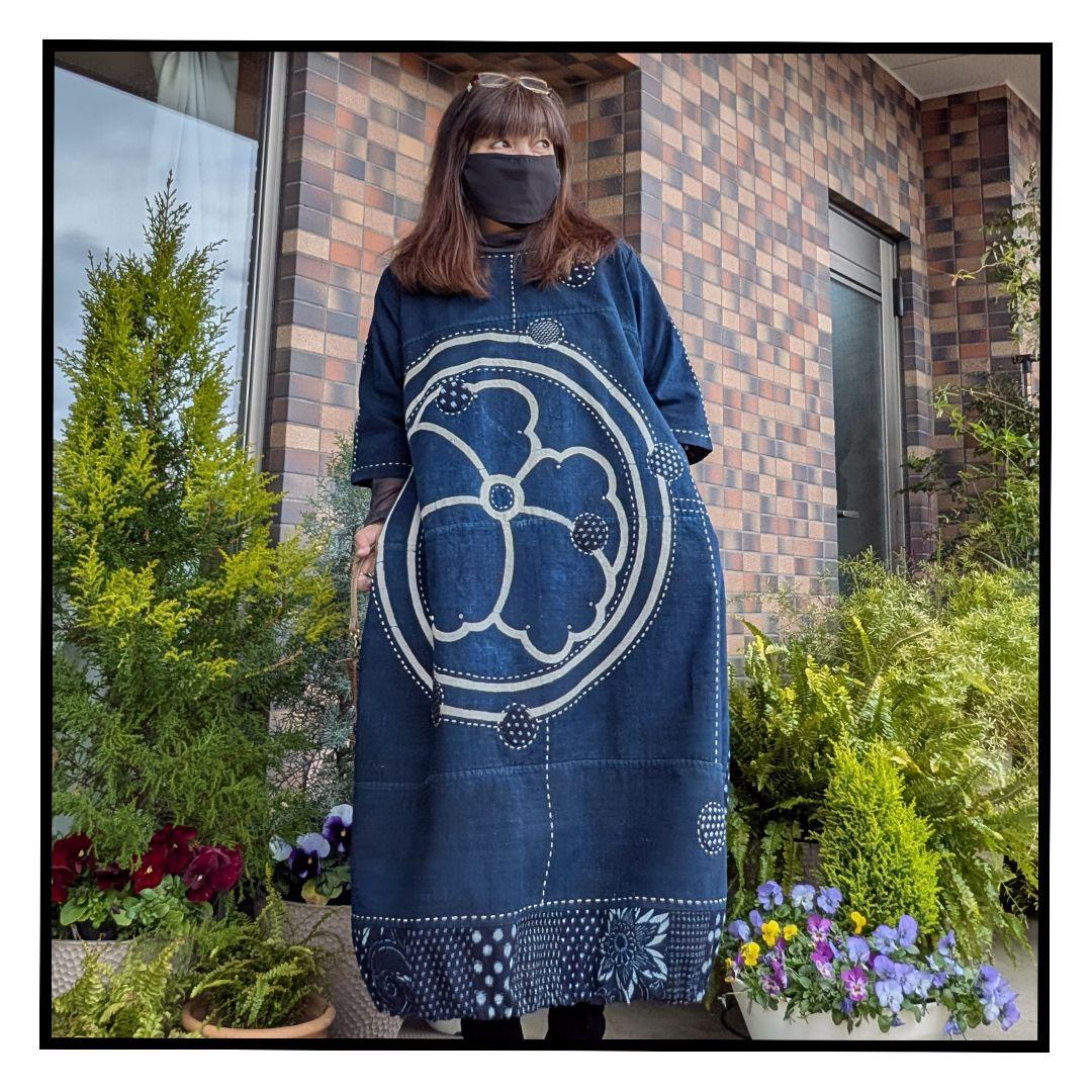 藍染家紋風呂敷♥古布リメイクワンピース　フォーウェイタイプ