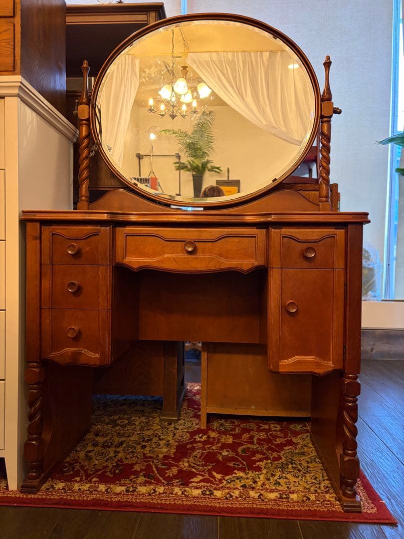 アメリカンヴィンテージ ドレッサー 円鏡 バニティデスク 無垢材 アンティーク調