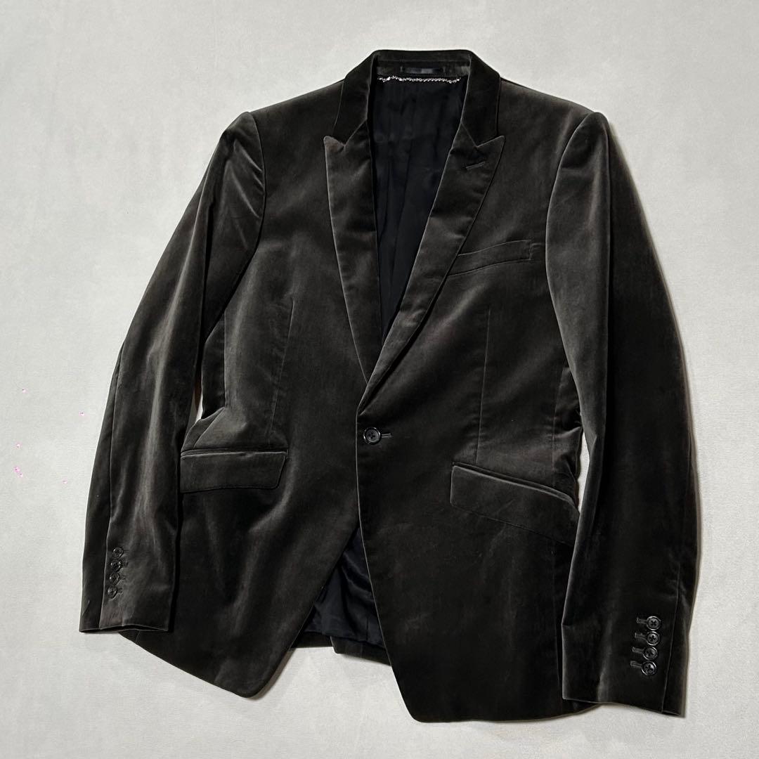 00s 5351 ベロア テーラードジャケット 光沢 ドレープ チャコール 墨