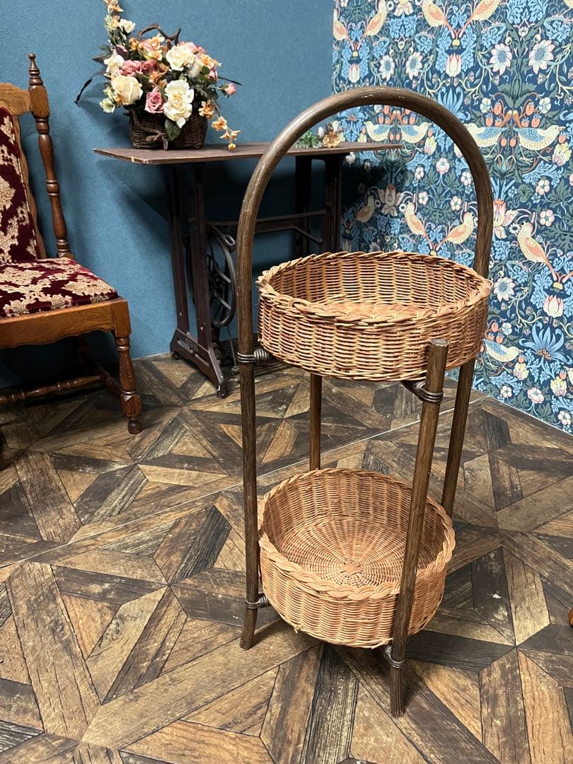 はるなな＊籐 ラタン 2段 バスケット かご インテリア 昭和レトロ