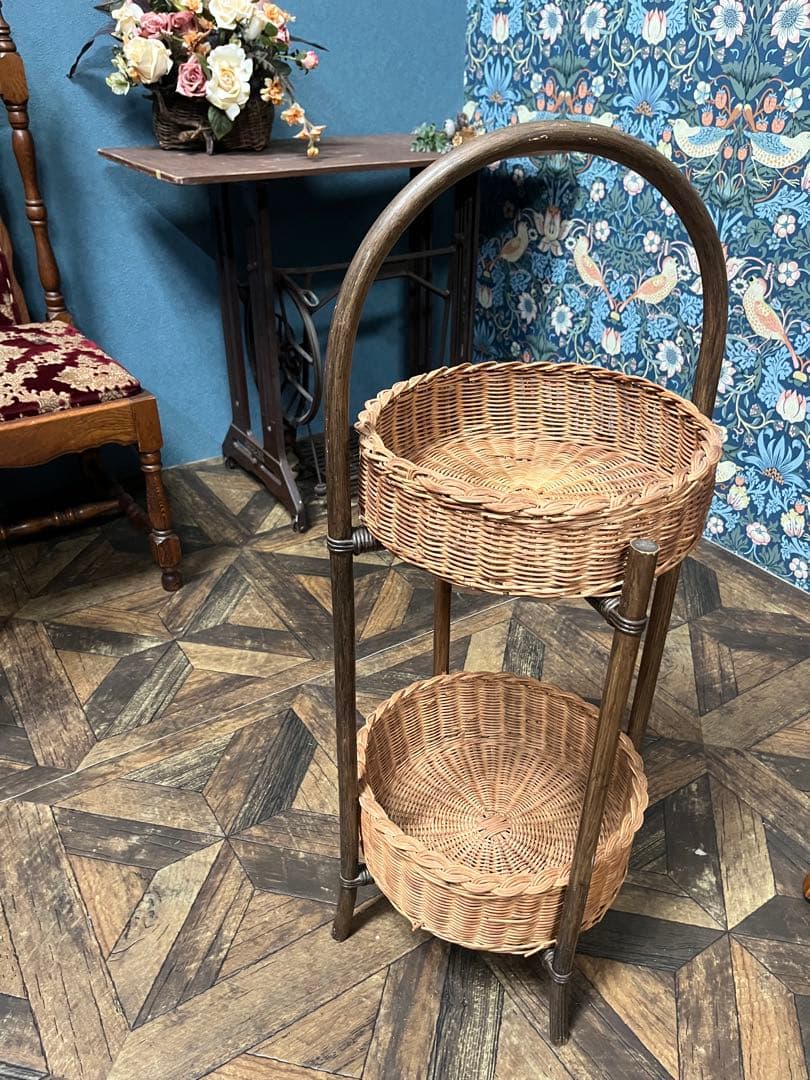 はるなな＊籐 ラタン 2段 バスケット かご インテリア 昭和レトロ