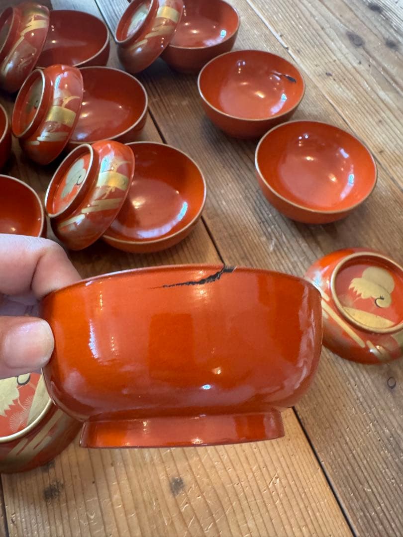 「明治〜大正 骨董 漆器 吸物椀 20客 ■華やか鶴蒔絵 ■箱付き ■送料込み」