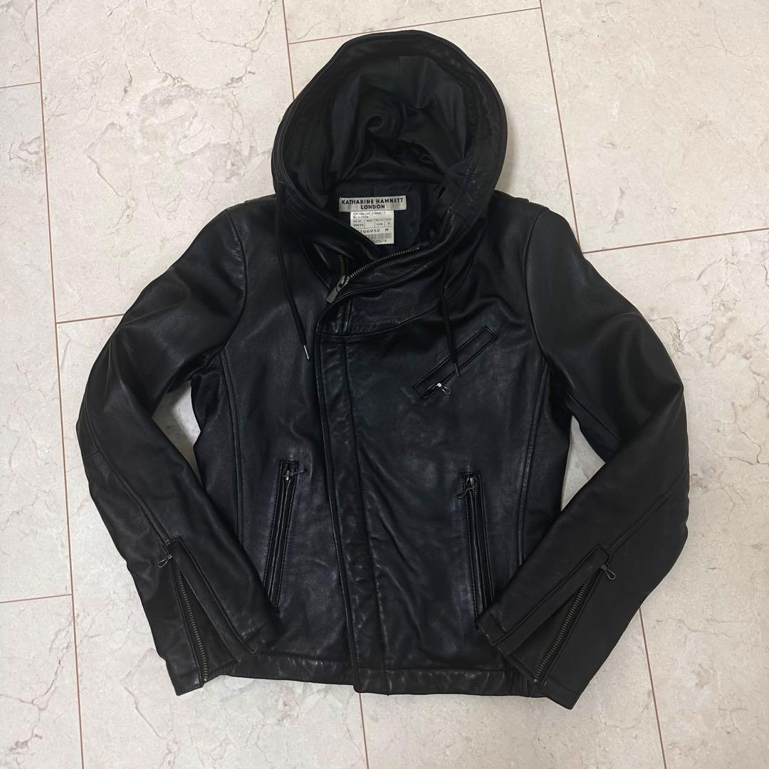 キャサリンハムネット ラムレザー　 フーディー ジャケット　ライダース　M