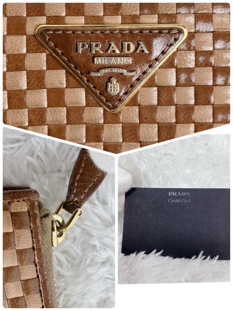 おやじ プラダ 編み込み イントレチャート レザー L字ファスナー