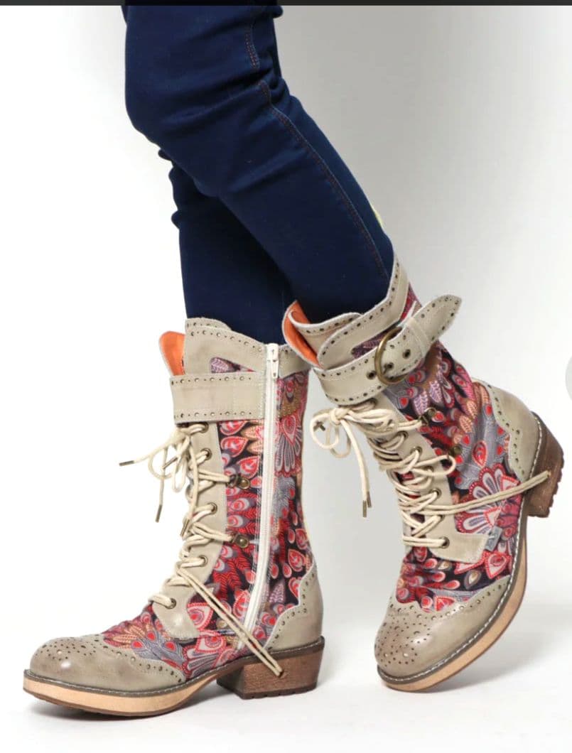 YOSUKE レースアップミドルブーツ アイボリーコンビ 24cm ペイズリー柄