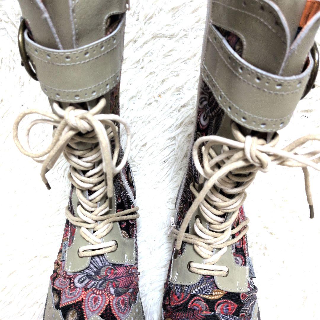 YOSUKE レースアップミドルブーツ アイボリーコンビ 24cm ペイズリー柄