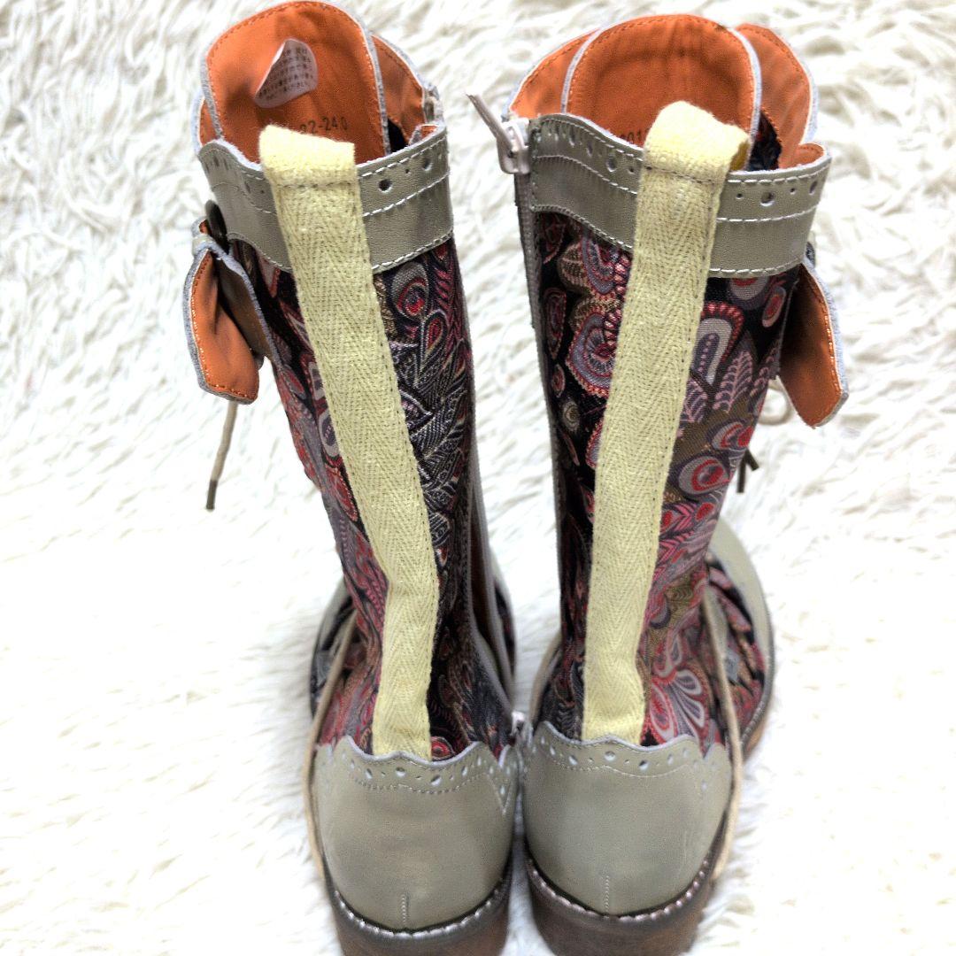 YOSUKE レースアップミドルブーツ アイボリーコンビ 24cm ペイズリー柄