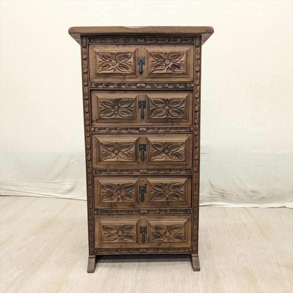 スペイン製　無垢　5段　サイドチェスト　タンス　箪笥　たんす　チェスト　ドロワー