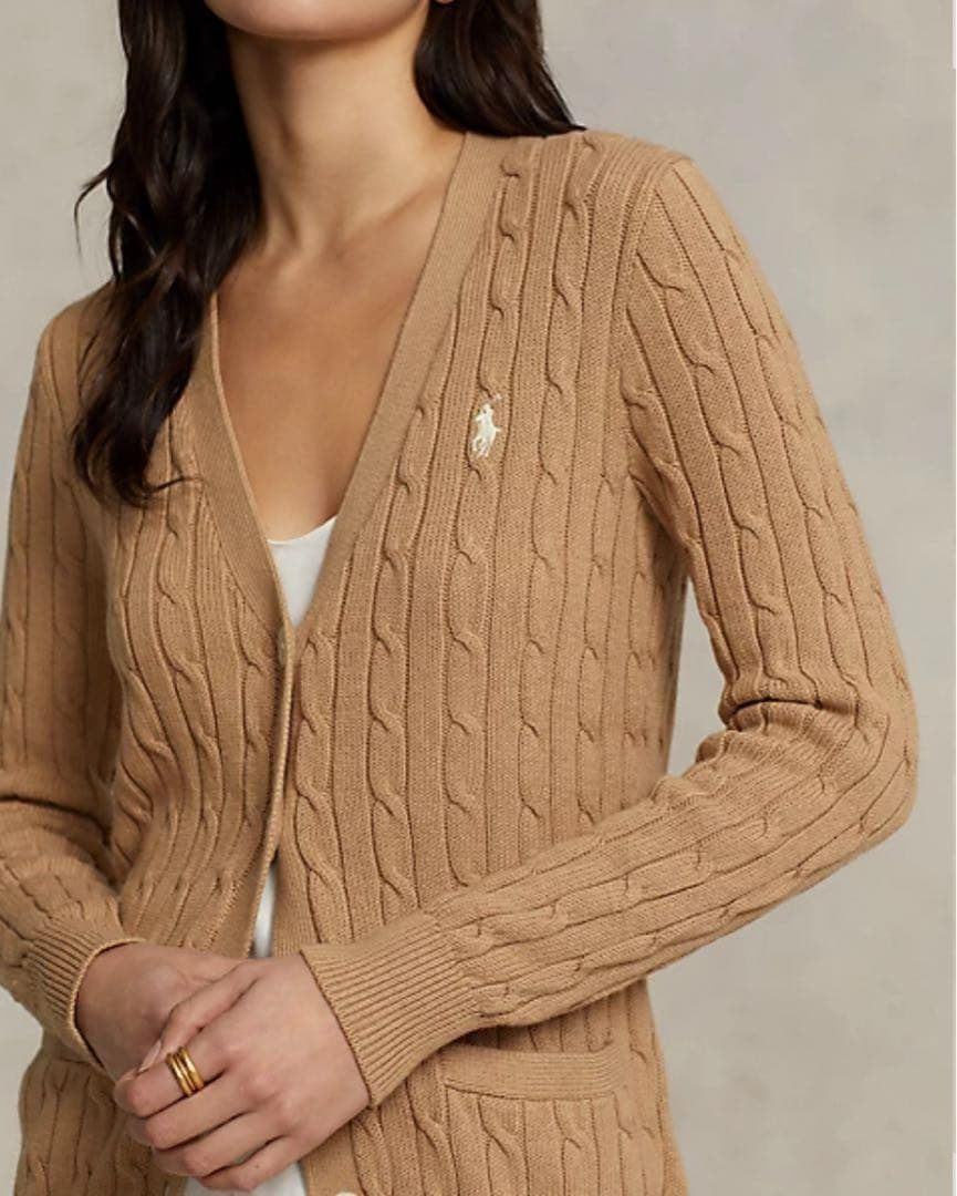 ラルフローレン ケーブルニット カーディガン ベージュ×白ポニー Lサイズ