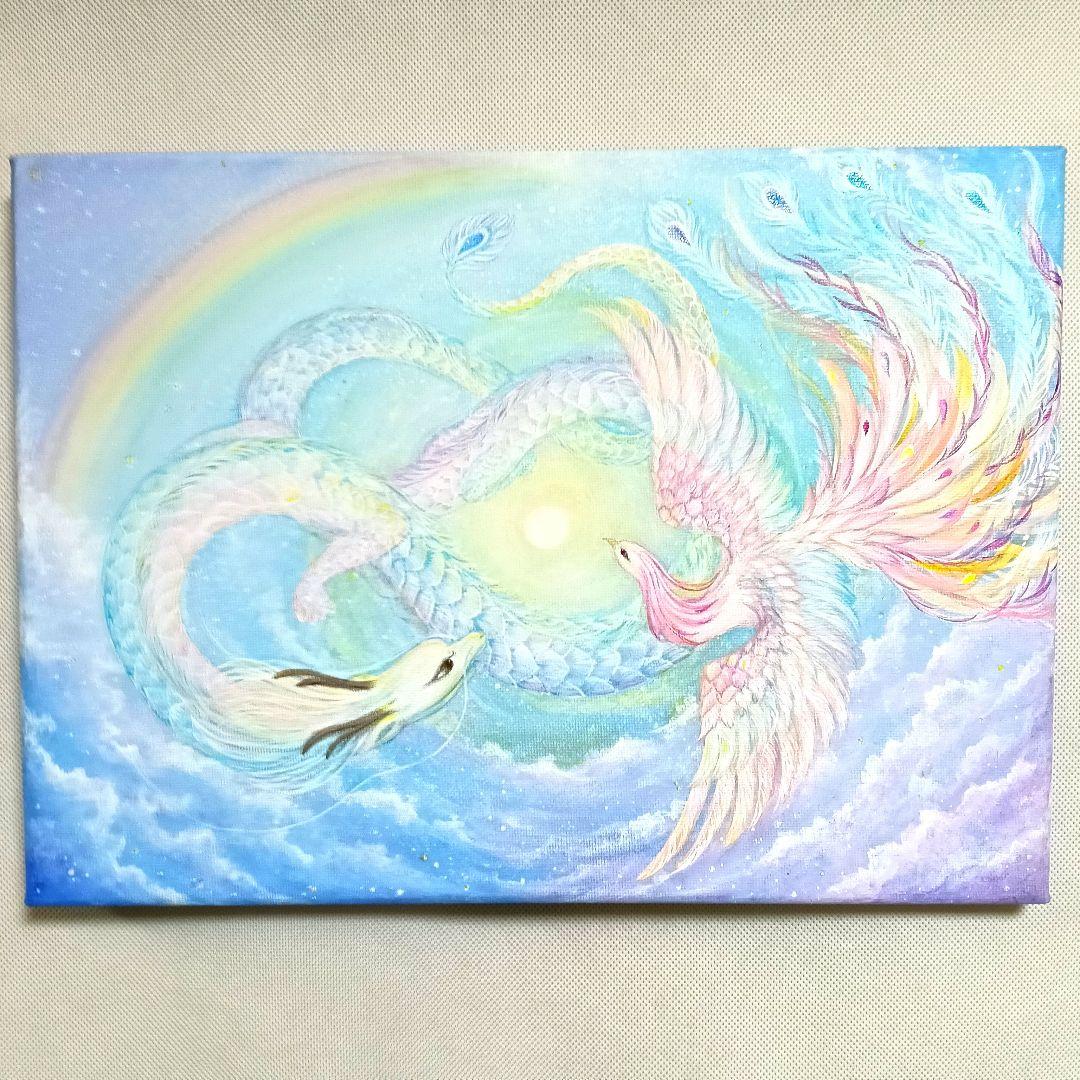No.510　F4キャンバス　原画　 鳳凰と龍　　　アクリル画　開運絵画