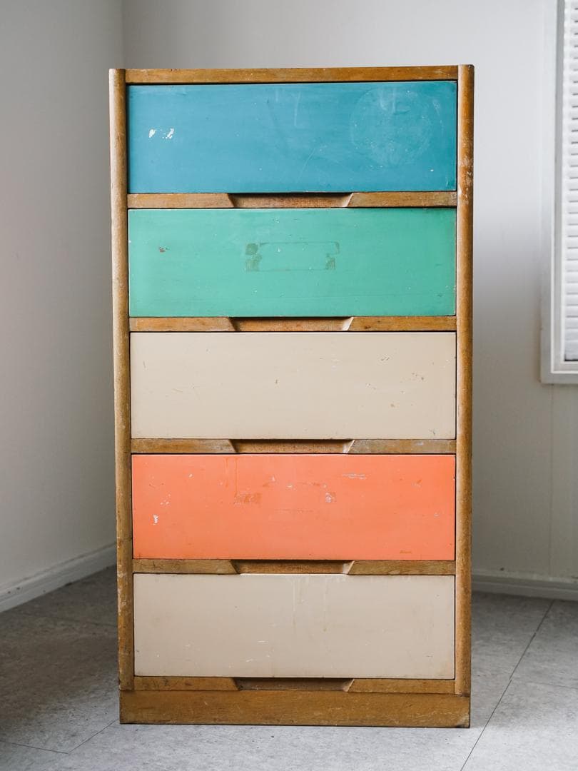 60-70's レトロポップ 古道具 木製 5段チェスト/収納 アンティーク