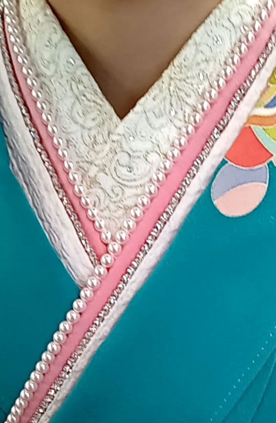 一蔵 重ね衿　パール ラインストーン　ピンク　二重　イチクラ　振袖　キラキラ