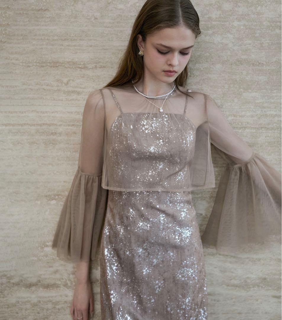 新品タグ付き！シアーチュールベルスリーブペイントIラインワンピースドレス