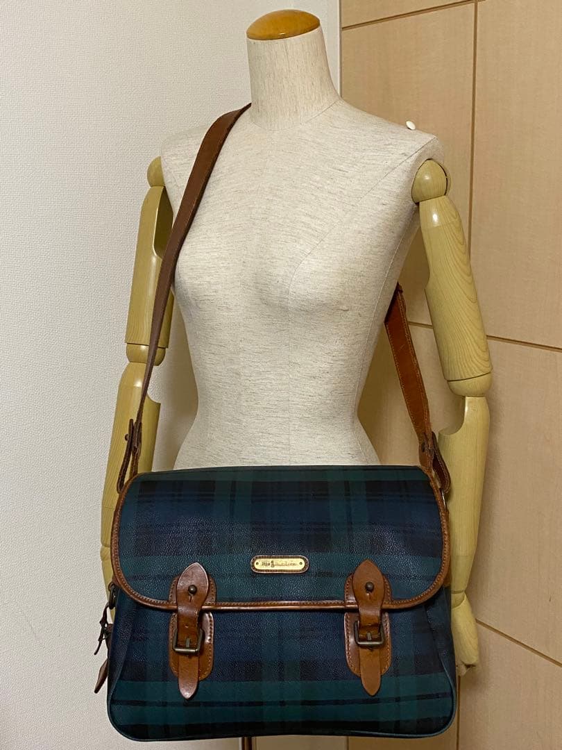 ポロ ラルフローレン メッセンジャーバッグ　グリーン　チェック　フラップ　レザー