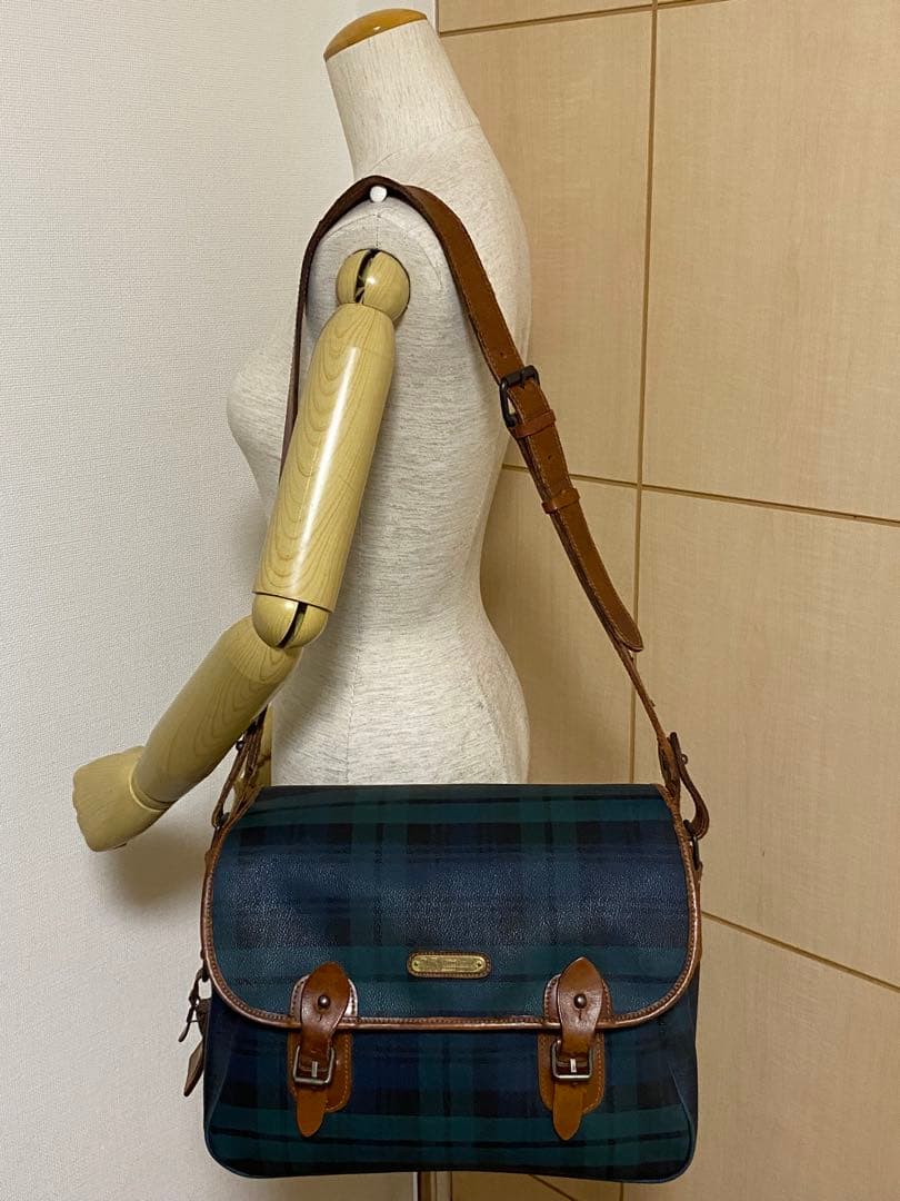 ポロ ラルフローレン メッセンジャーバッグ　グリーン　チェック　フラップ　レザー