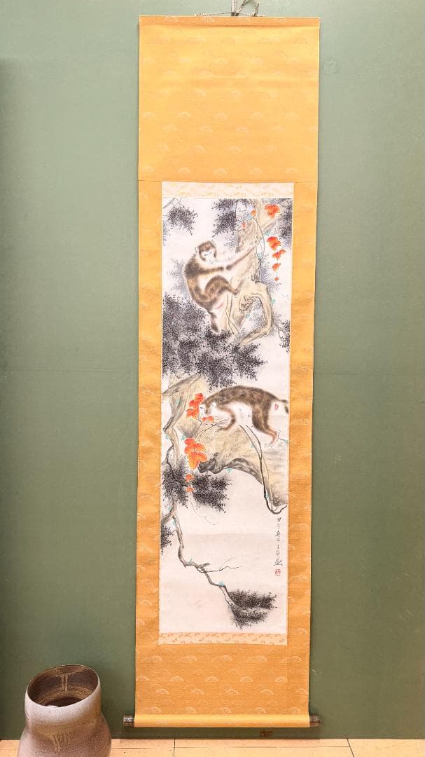 【掛軸・肉筆】双猿図 秋景花鳥画｜日本画｜床の間・和室・縁起物