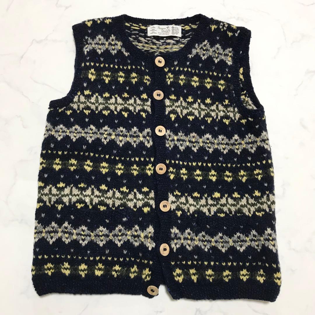 【美品】アテナデザイン フェアアイル柄 ハンドニットベスト アイルランド製