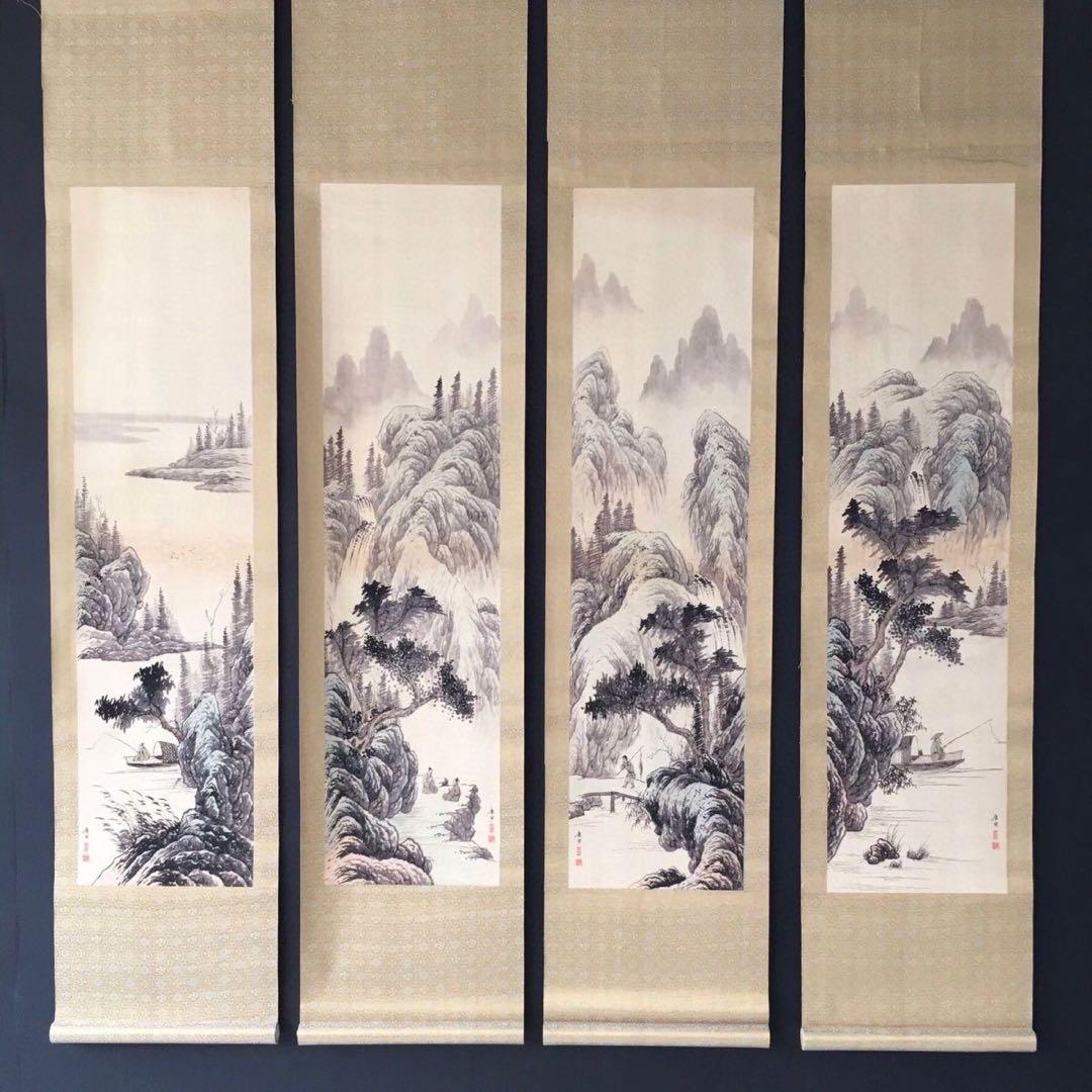 【唐伯虎・四条屏】「樵人晩帰図」掛軸セット　表装済み／163×38cm