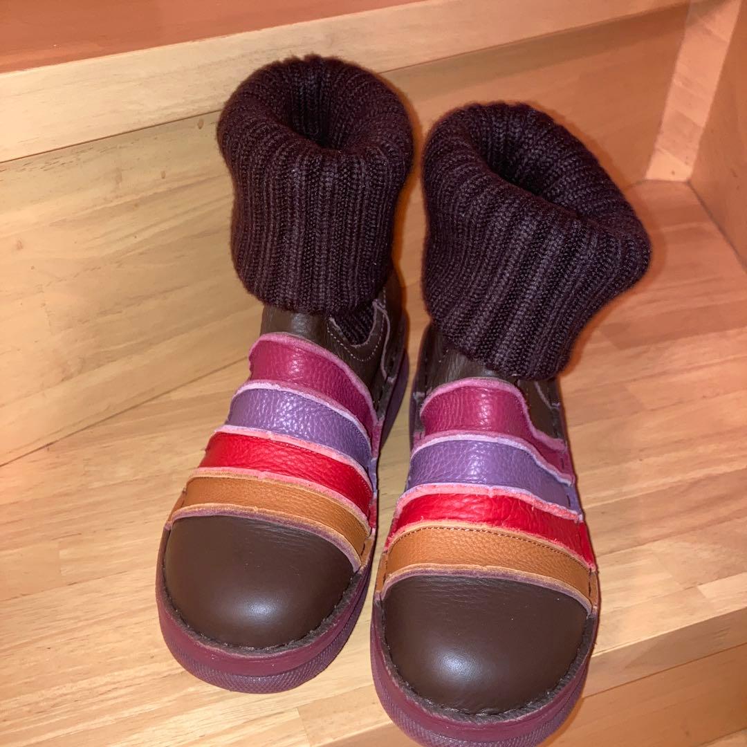 未使用エスタシオン本革ニットショートブーツ F3019♡ボーダーデザイン LL