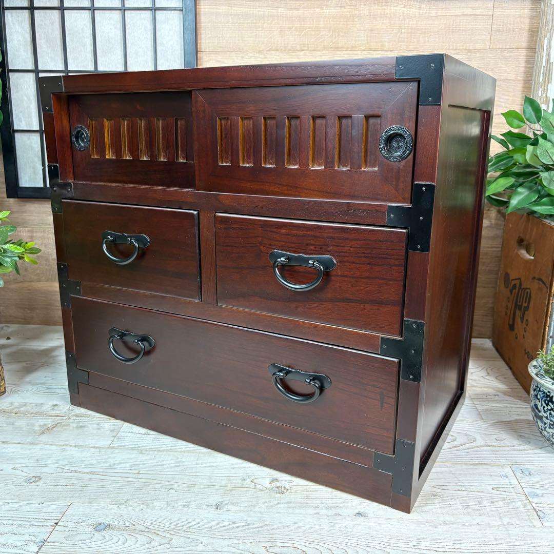 訳あり品！【115】民芸木製桐材天然無垢和箪笥引き戸付き収納家具和タンス飾り棚