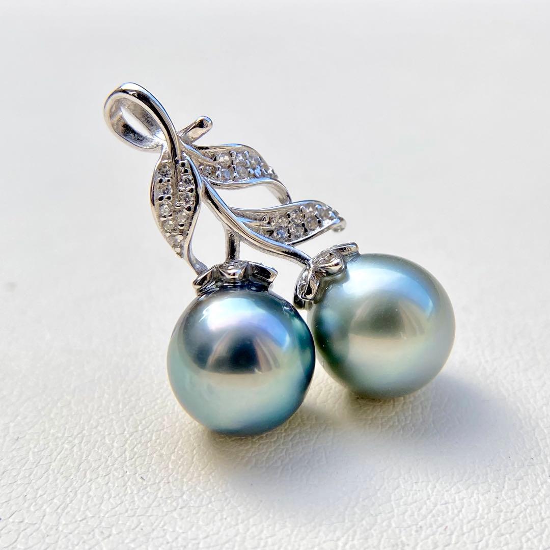 本真珠南洋黒蝶真珠グレーとブルー10㍉s925ペンダントBEN906