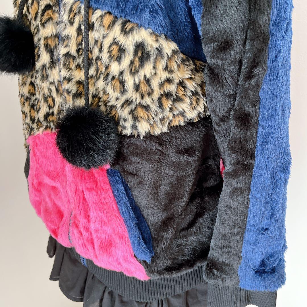 00s 猫耳 豹柄 ファー ポンポン パッチワーク パーカー y2k平成 ギャル