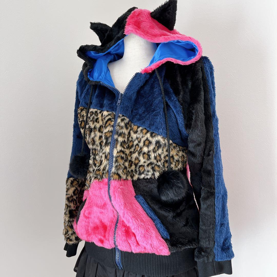 00s 猫耳 豹柄 ファー ポンポン パッチワーク パーカー y2k平成 ギャル