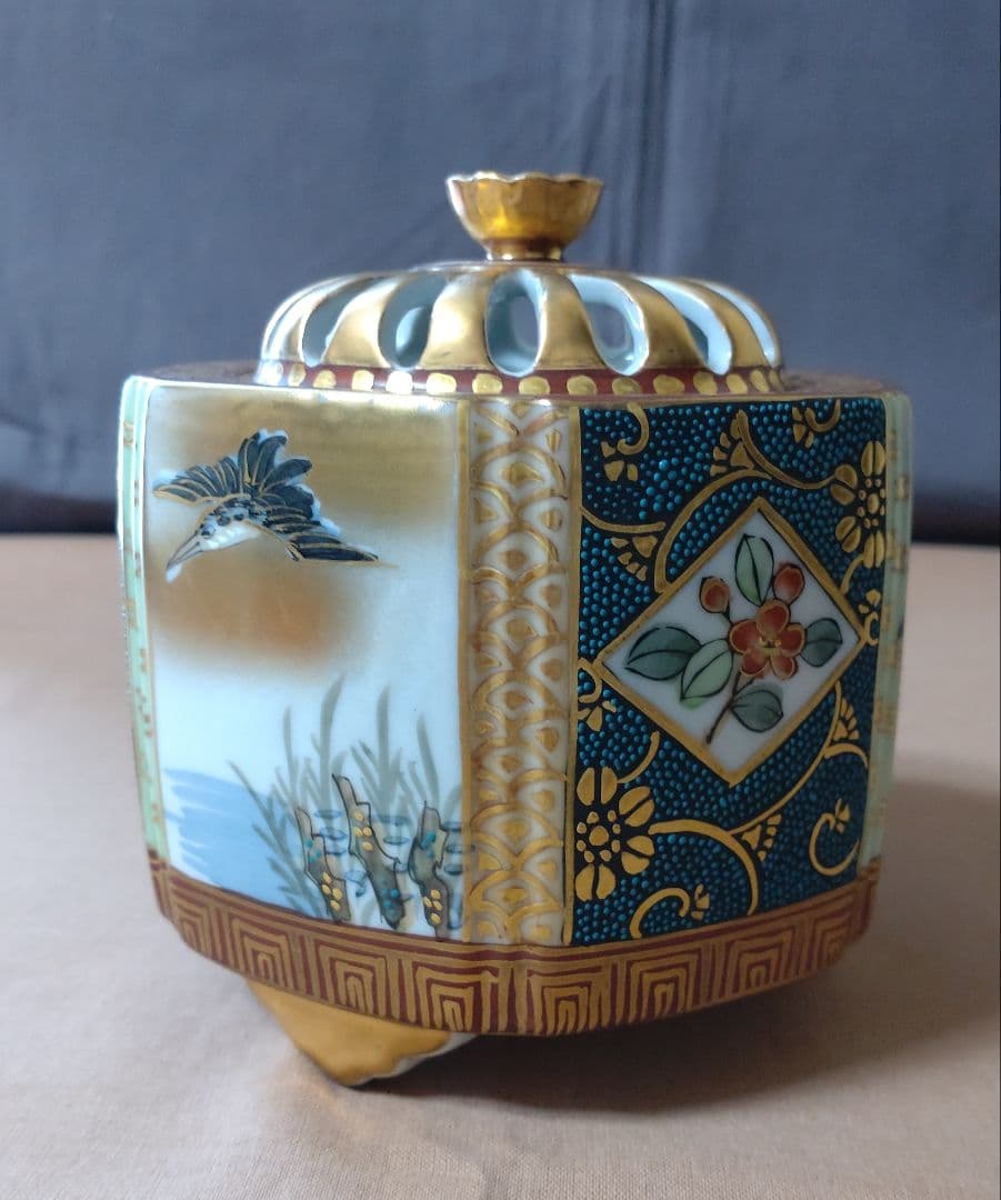 香炉 九谷焼 大雅作 青粒鉄仙 花鳥図  茶道具 仏具 置物 陶器