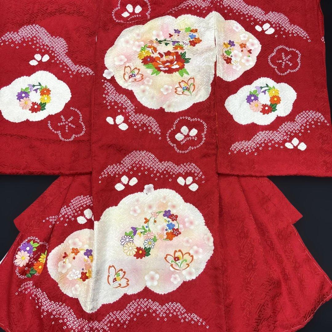 きよみん祝い箱付き絞り染、刺繍美術、桶絞り工芸　新品正絹産着純四季花刺繍文