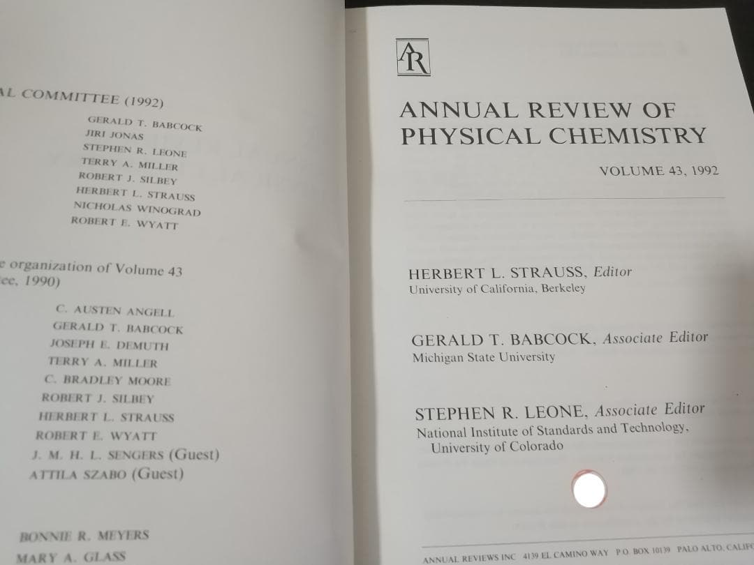 ANNU REV PHYS CHEM v43 1992 物理化学年次学術雑誌