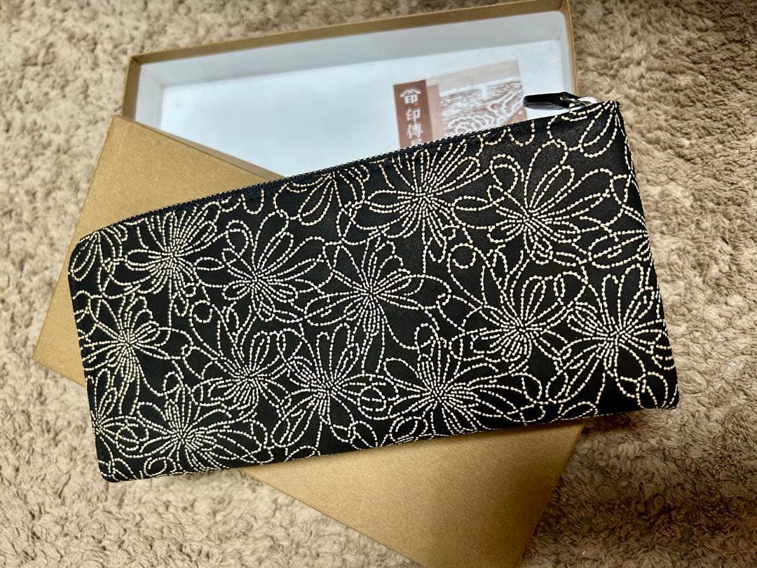 印傳長財布 L字ファスナー　 黒　花モチーフ