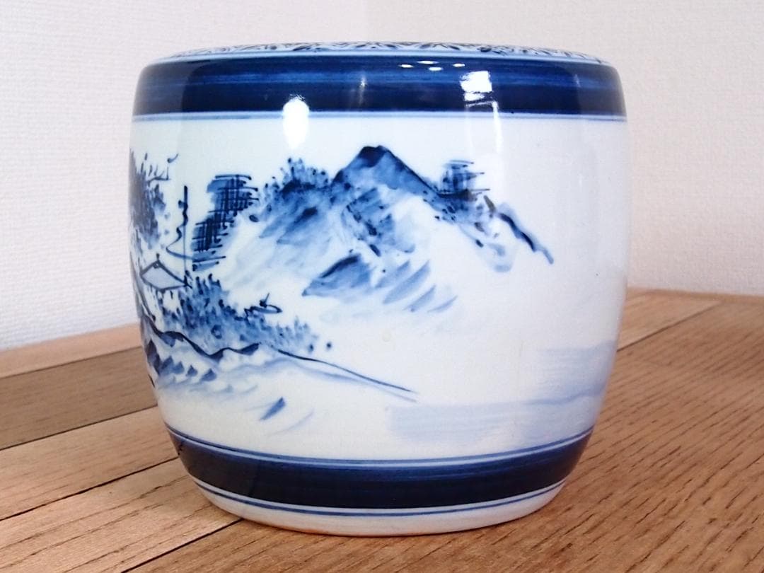 【骨董・美品】染付山水手焙 一対/2個 絵変わり 火鉢/金魚鉢/メダカ鉢 家具
