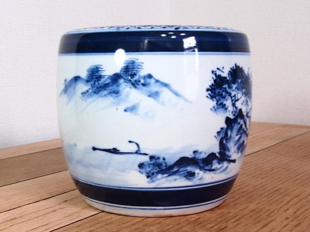 【骨董・美品】染付山水手焙 一対/2個 絵変わり 火鉢/金魚鉢/メダカ鉢 家具