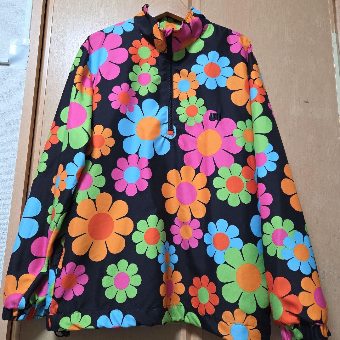 ラウドマウス 黒×マルチ花柄 ハーフジップ 刺繍ロゴ アノラック