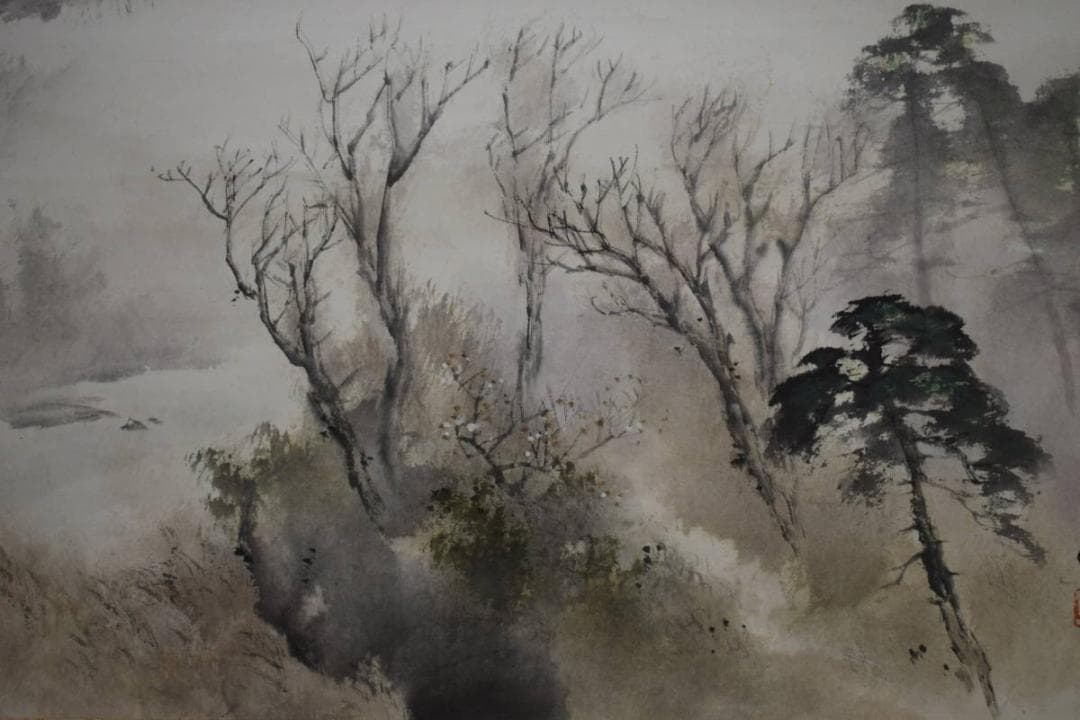 真作/佐藤古岫/早春残雪図/山水図/桐共箱付/布袋屋掛軸HH-175