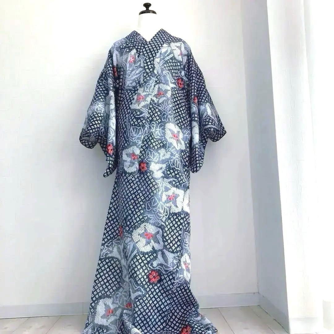 有松鳴海絞り　絞り浴衣　グレー　暈し　手縫い身丈162cm No.1-100