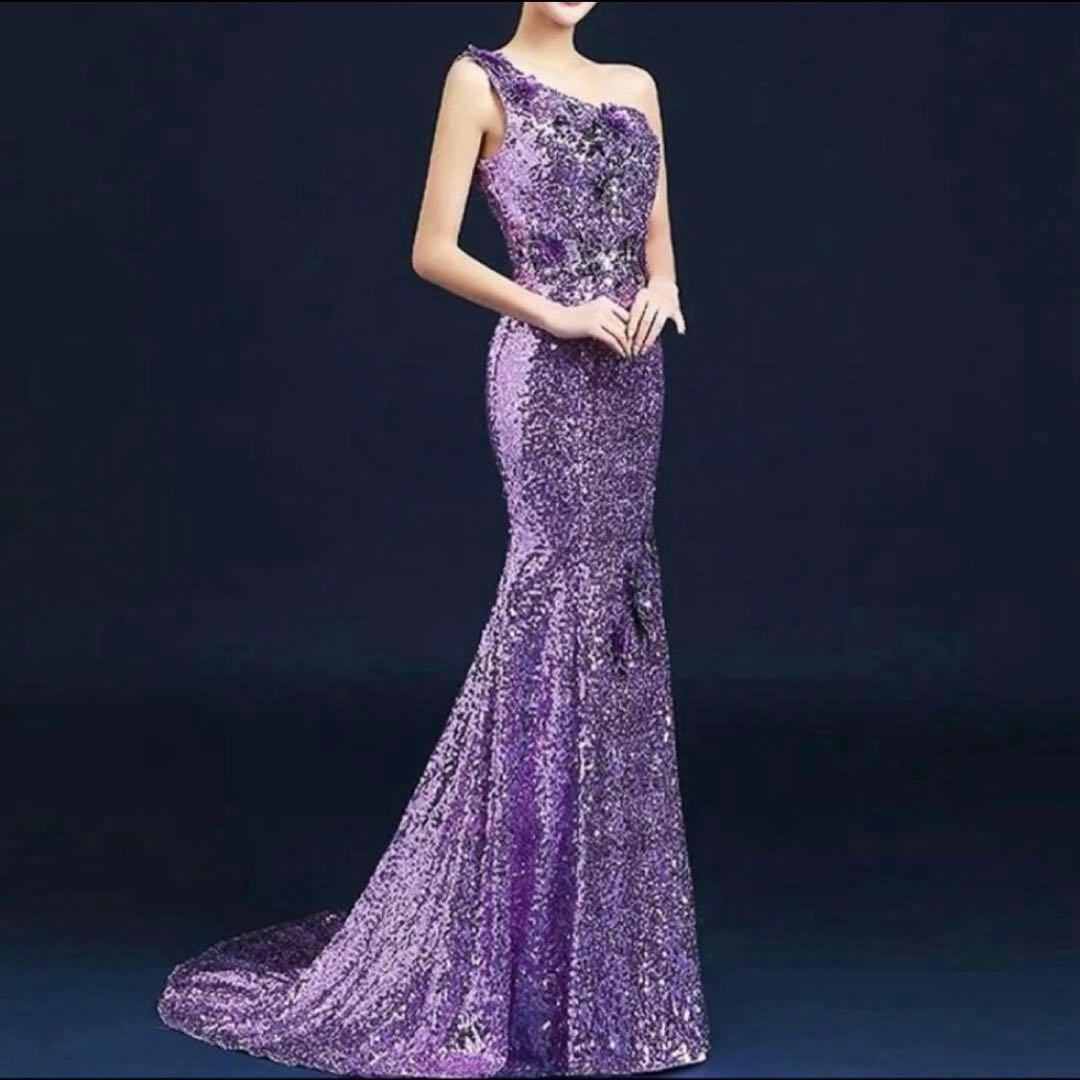 お花のデザインが美しい スパンコールのワンショルロングドレス