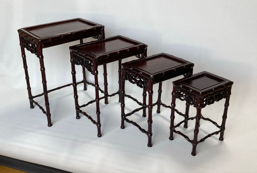 飾り台　4個組　盆栽台　花台　香炉台　茶華道具　木製　透かし彫り　GA3